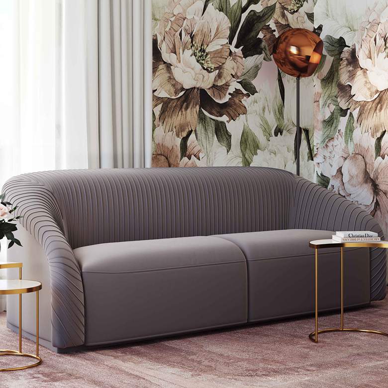 Image 1 TOV Yara 90 1/2" Wide Rolled Arms Pleated Gray Velvet Modern Sofa