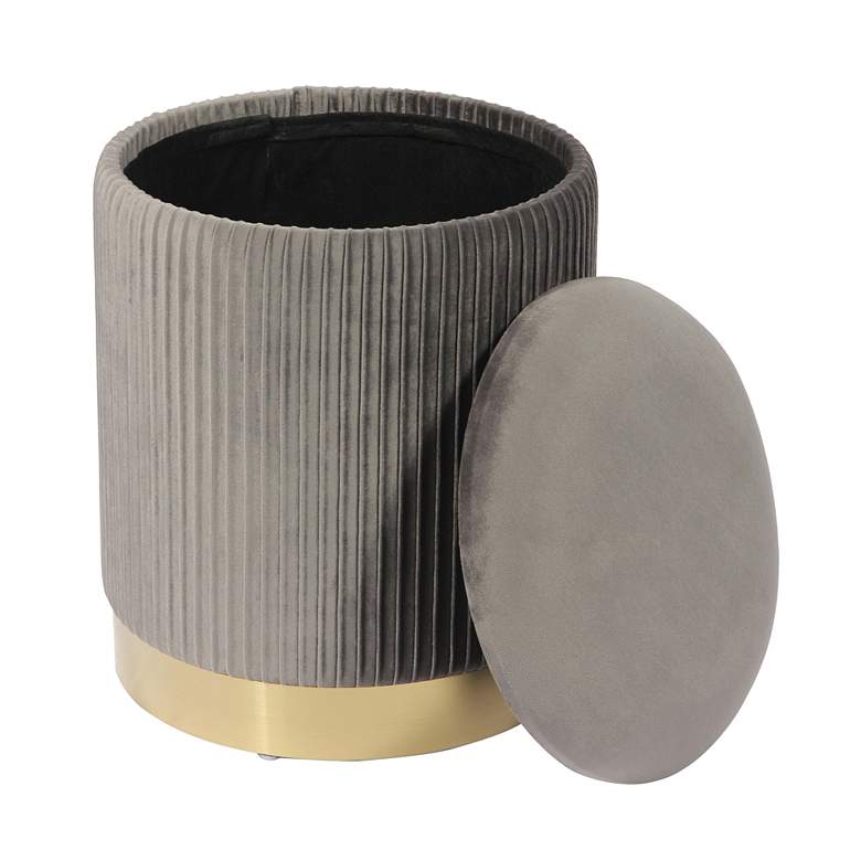 Image 3 TOV Zoe 12 1/2" Wide Gray Velvet Ribbed Modern Round Storage Ottoman more views