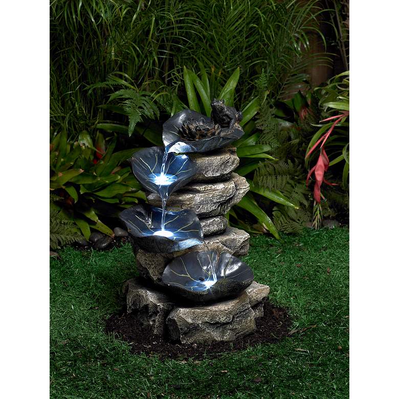 Image 1 Frog and Four Lily Pad LED Lighted 21 inch High Outdoor Fountain in scene
