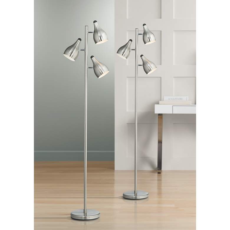Image 1 Trac 3-Light Brushed Steel Modern Tree-Style Floor Lamps Set of 2
