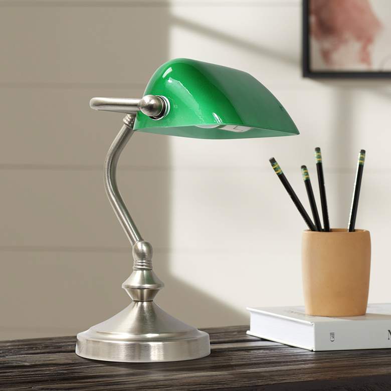 Image 1 Traditional Mini Banker's Lamp with Glass Shade, Green