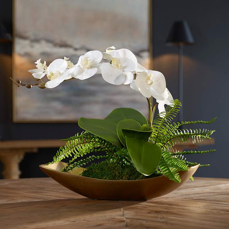 Image 1 Transcend Orchid 16" High Faux Flower in Boat-Shaped Planter