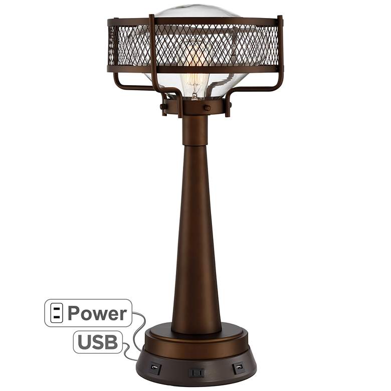 Image 1 Travis Bronze Farmhouse Table Lamp with USB Workstation Base