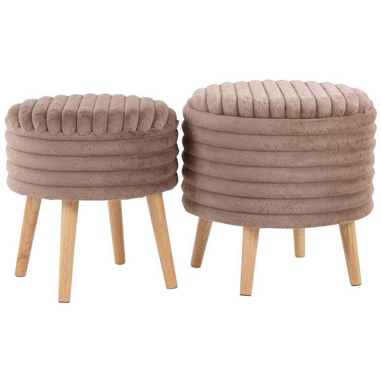 Image 2 Tray Plush Storage Ottoman Set Brown Faux Fur Natural Wood by LumiSource