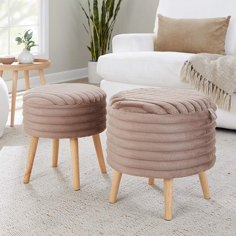 Image 1 Tray Plush Storage Ottoman Set Brown Faux Fur Natural Wood by LumiSource