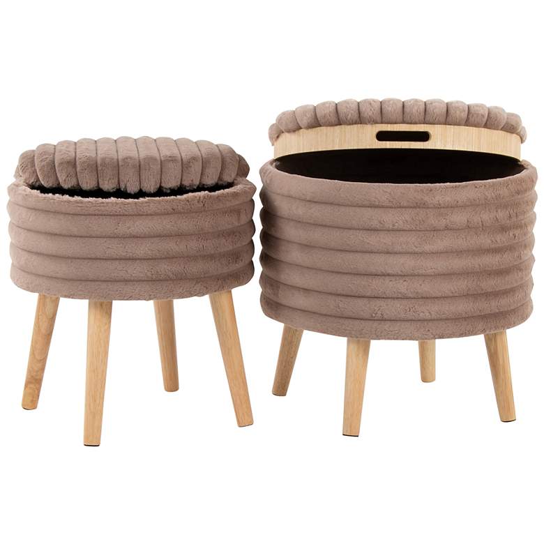 Image 3 Tray Plush Storage Ottoman Set Brown Faux Fur Natural Wood by LumiSource more views