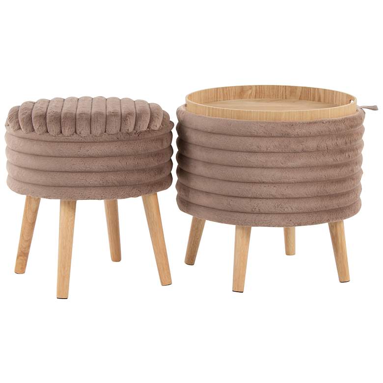 Image 4 Tray Plush Storage Ottoman Set Brown Faux Fur Natural Wood by LumiSource more views