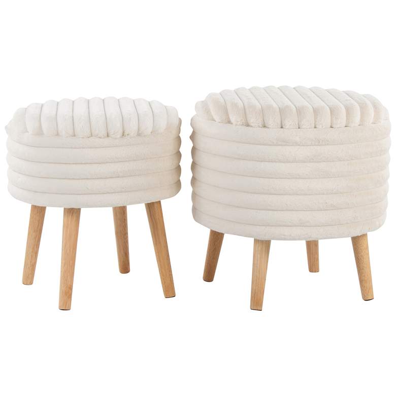 Image 1 Tray Plush Storage Ottoman Set Cream Faux Fur Natural Wood by LumiSource