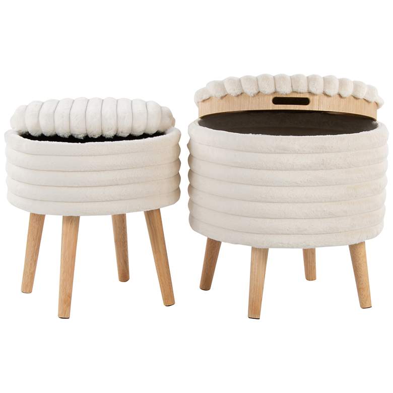 Image 2 Tray Plush Storage Ottoman Set Cream Faux Fur Natural Wood by LumiSource more views