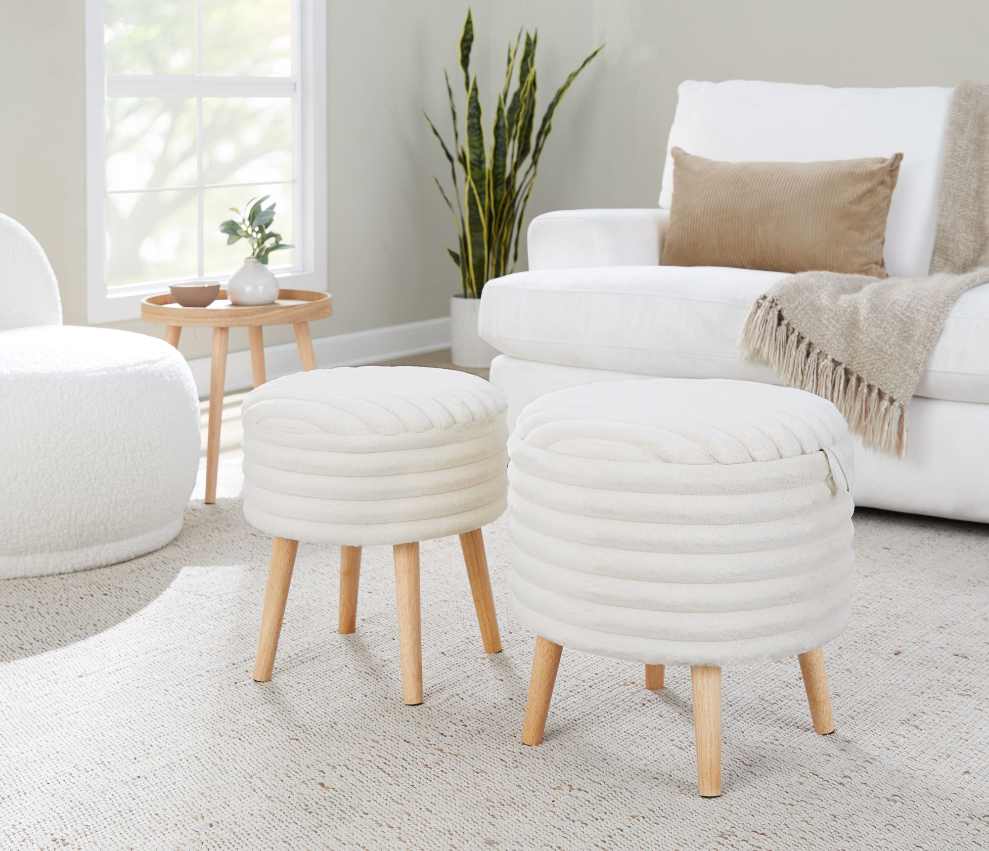 Tray Plush Storage Ottoman Set Cream Faux Fur Natural Wood by LumiSource