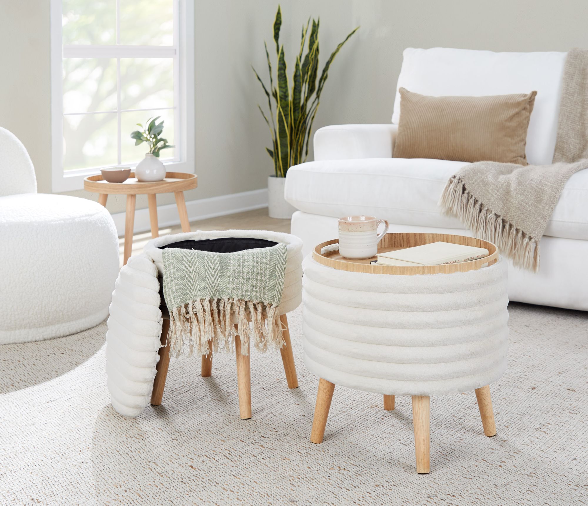 Tray Plush Storage Ottoman Set Cream Faux Fur Natural Wood by LumiSource