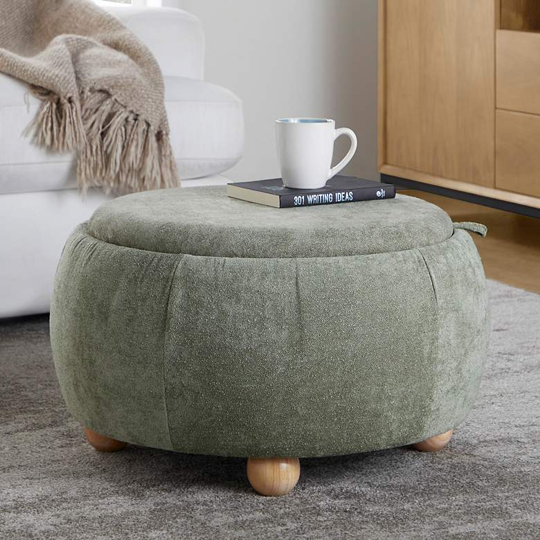Image 1 Tray Pouf Storage Ottoman in Natural Wood and Green Fabric by LumiSource