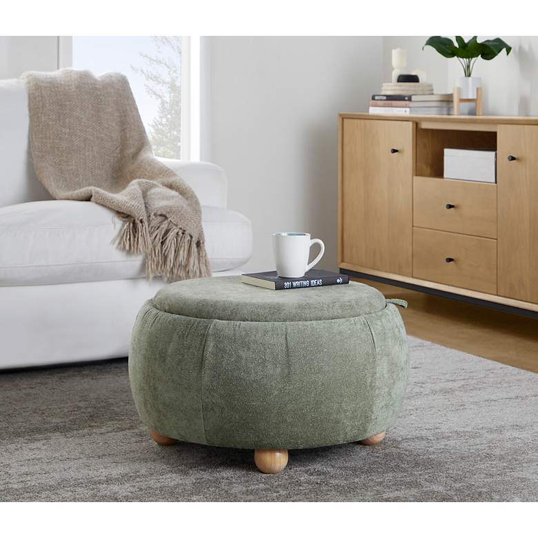 Image 7 Tray Pouf Storage Ottoman in Natural Wood and Green Fabric by LumiSource more views