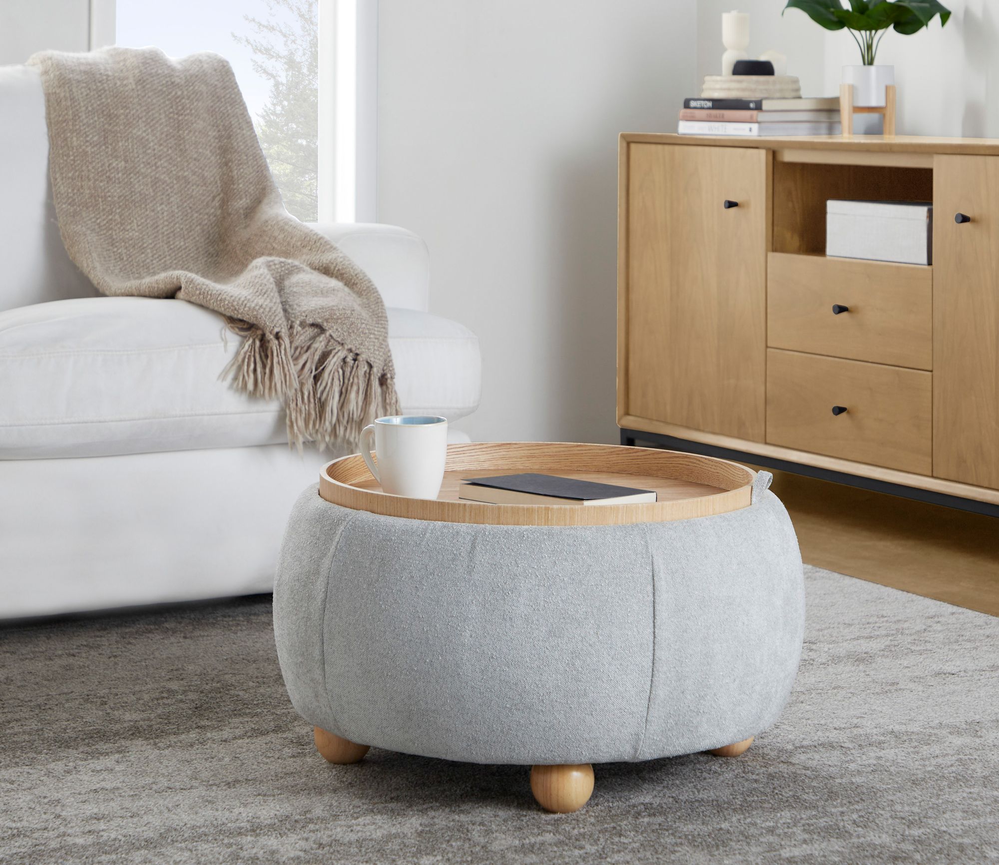 Tray Pouf Storage Ottoman in Natural Wood and Grey Fabric by LumiSource