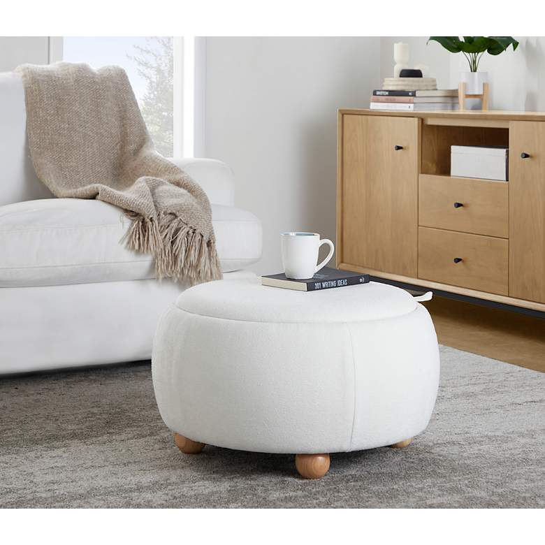 Image 7 Tray Pouf Storage Ottoman in Natural Wood and White Fabric by LumiSource more views