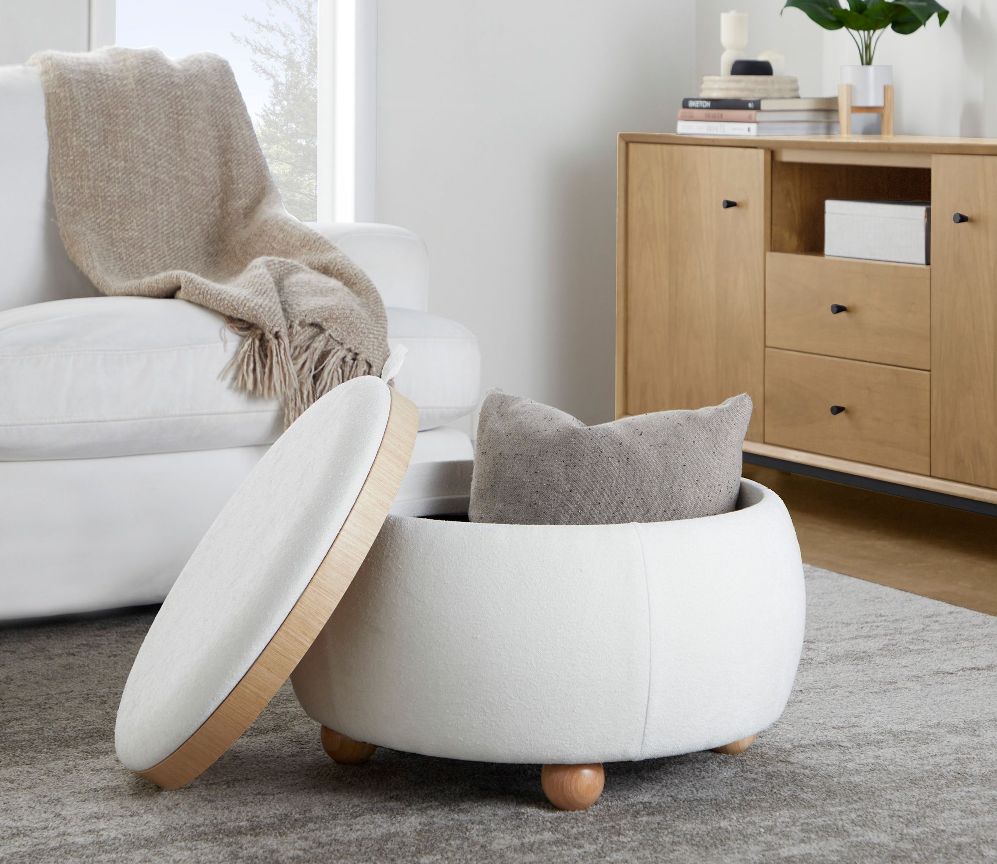 Tray Pouf Storage Ottoman in Natural Wood and White Fabric by LumiSource
