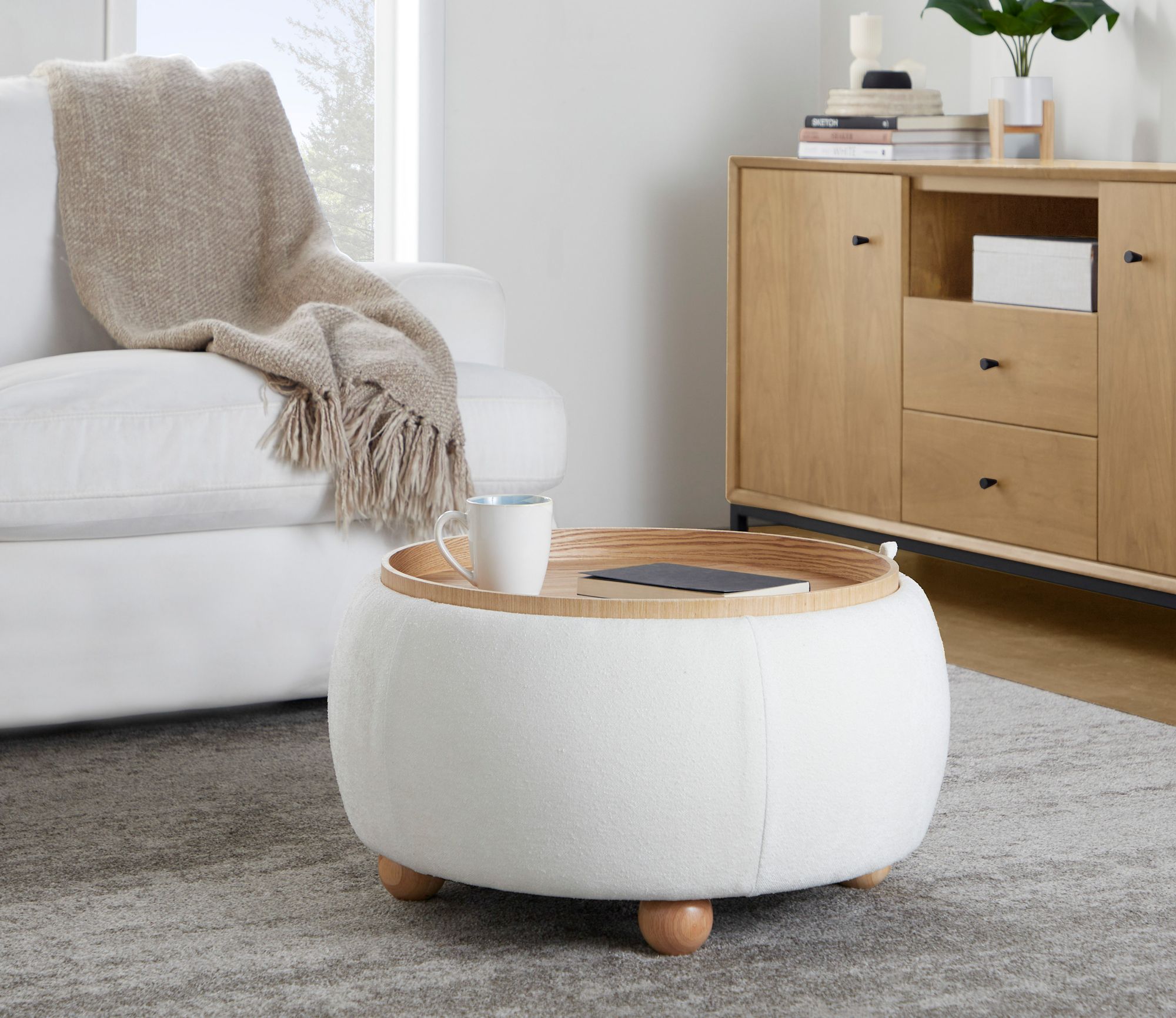 Tray Pouf Storage Ottoman in Natural Wood and White Fabric by LumiSource