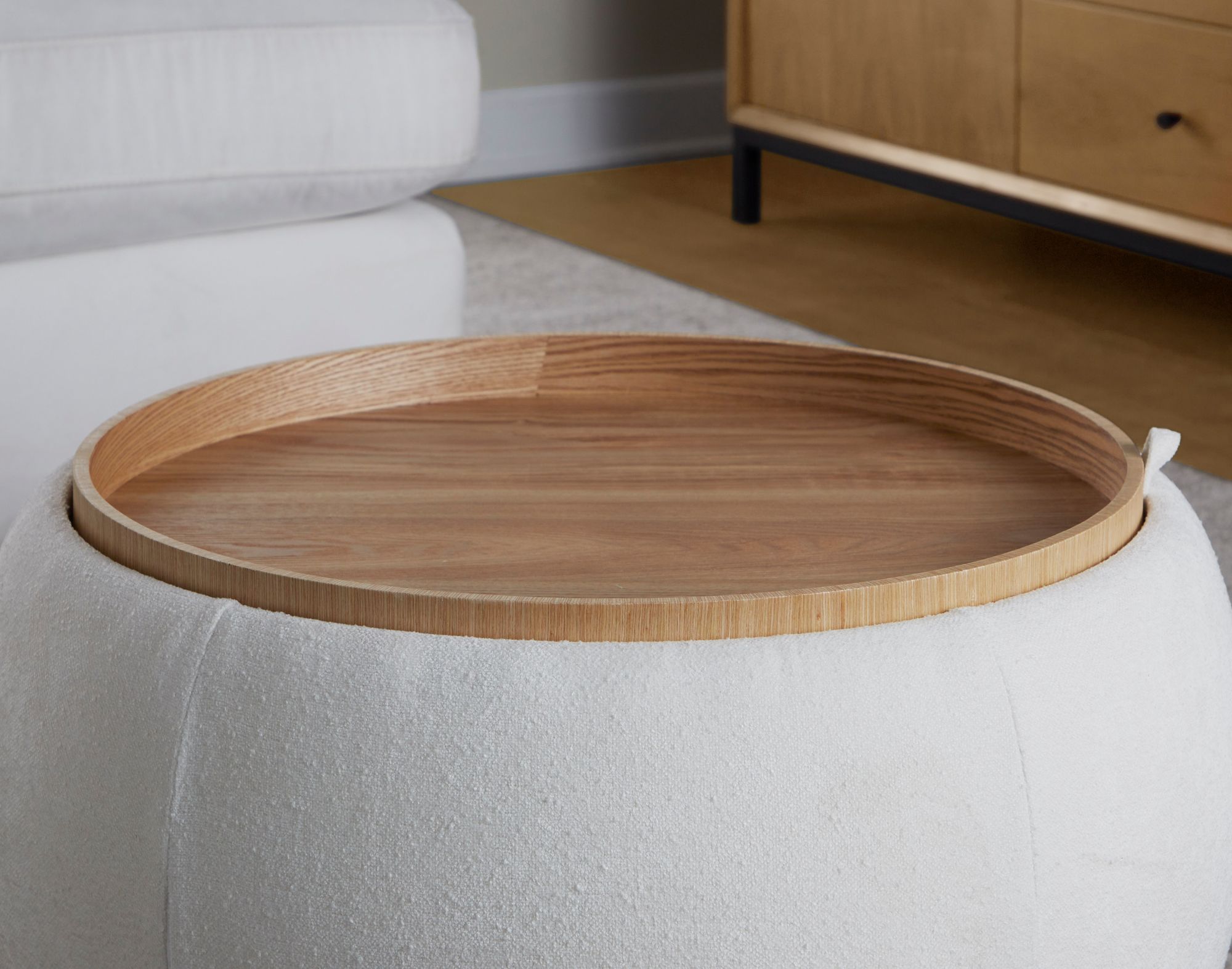 Tray Pouf Storage Ottoman in Natural Wood and White Fabric by LumiSource