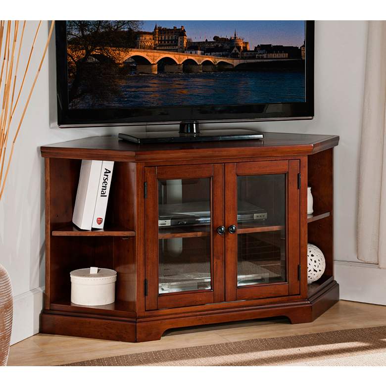 Image 1 Treble Rich 46" Wide Cherry Wood 2-Door Corner TV Stand