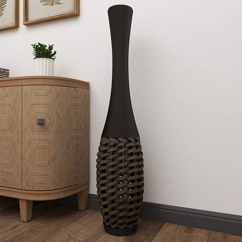 Image 1 Trelane Matte Brown Woven Rattan 47 1/2 inch High Bud Floor Vase