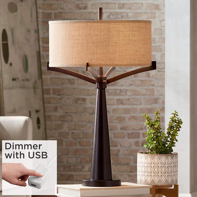 Image 1 Tremont Industrial Bronze 2-Light Table Lamp With USB Dimmer