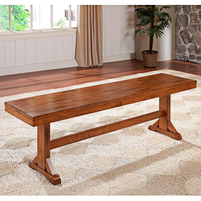 Image 1 Trestle 60" Wide Antique Brown Oak Wood Banquette Dining Bench