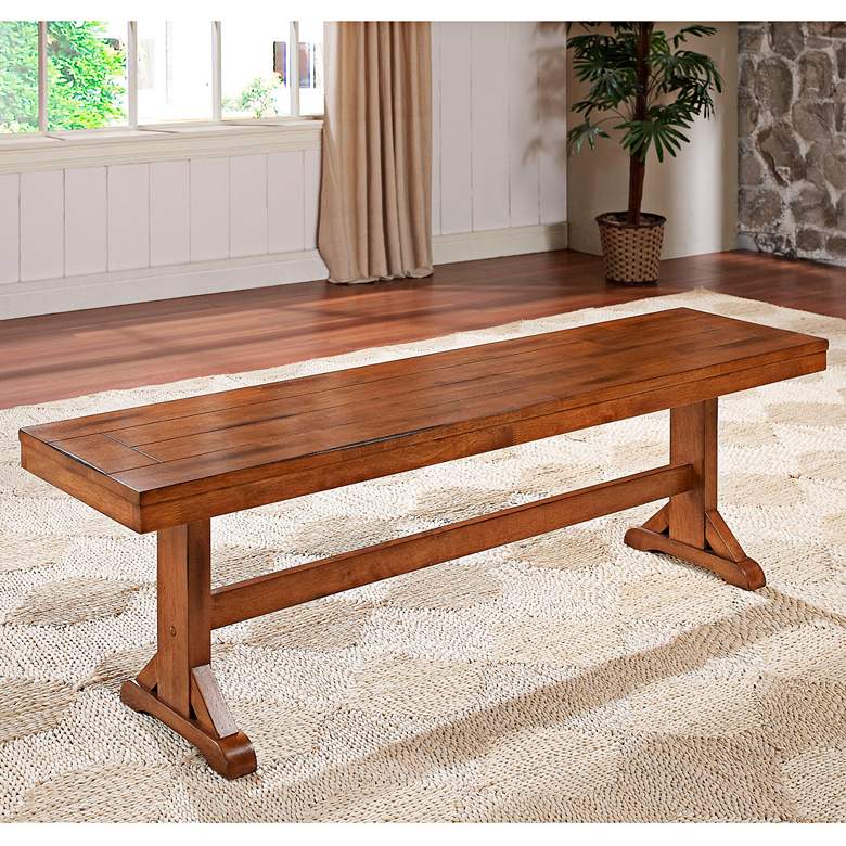 Image 1 Trestle 60 inch Wide Antique Brown Oak Wood Banquette Dining Bench