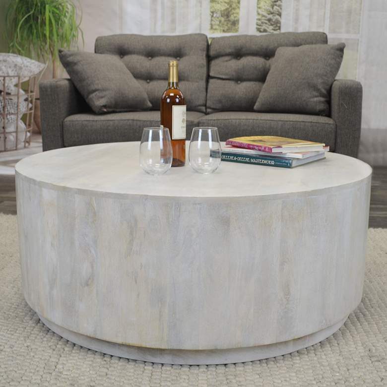 Image 1 Treva 42" Wide Distressed White Wood Round Coffee Table