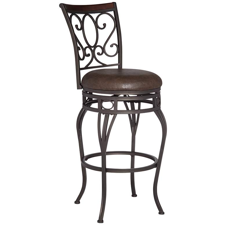 Image 3 Trevi 26 1/2 inch Wood and Bronze Metal Scroll Back Swivel Counter Stool