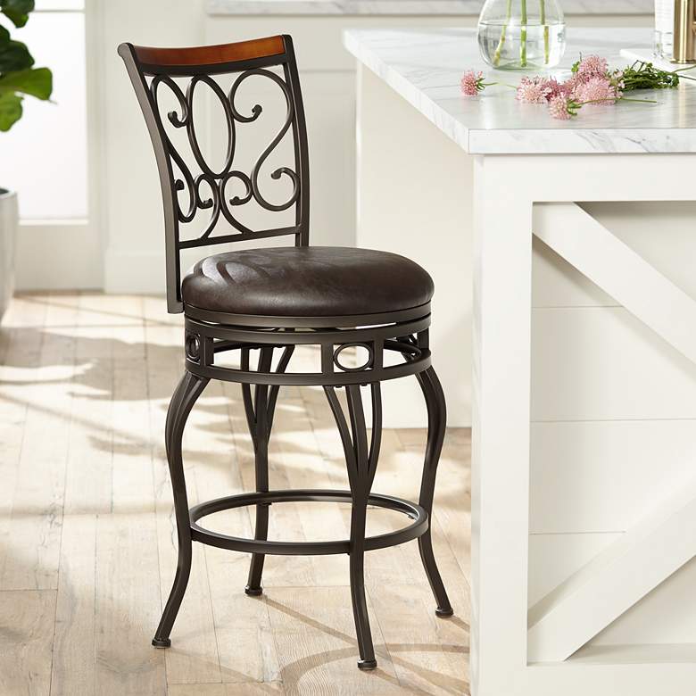 Image 1 Trevi 26 1/2 inch Wood and Bronze Metal Scroll Back Swivel Counter Stool