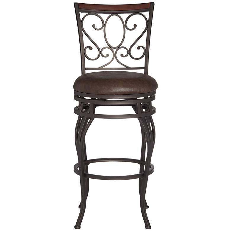 Image 5 Trevi 26 1/2 inch Wood and Bronze Metal Scroll Back Swivel Counter Stool more views