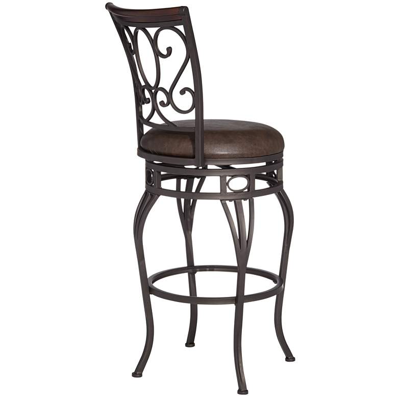 Image 7 Trevi 26 1/2 inch Wood and Bronze Metal Scroll Back Swivel Counter Stool more views