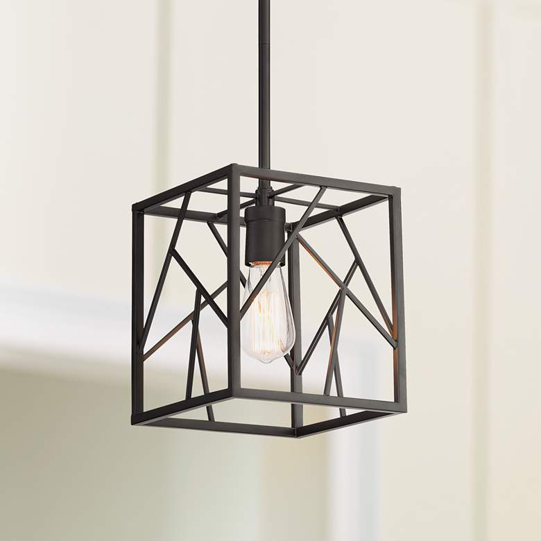 Image 1 Trevino 8" Wide Oiled Bronze Caged Mini Pendant Light