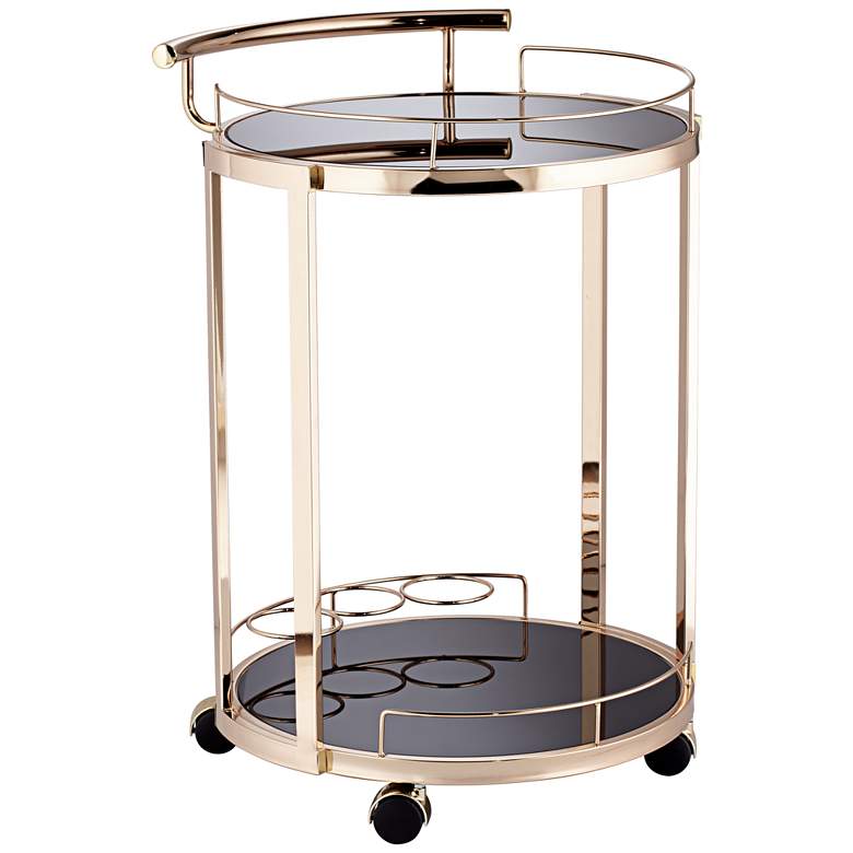 Treviso 19&quot; Wide Black Glass and Gold Round Serving Bar Cart