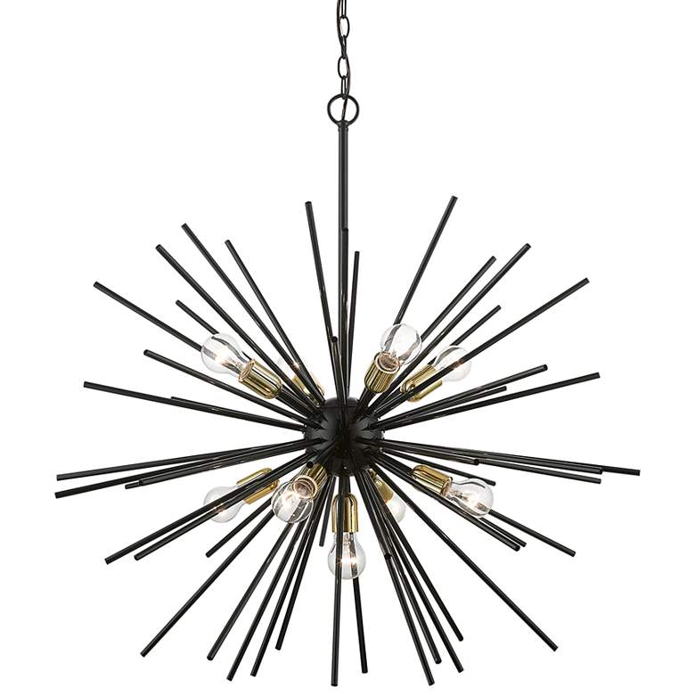 Image 3 Tribeca 34" Wide Shiny Black and Brass 9-Light Foyer Pendant