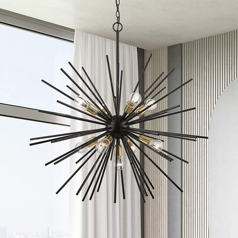 Image 2 Tribeca 34" Wide Shiny Black and Brass 9-Light Foyer Pendant