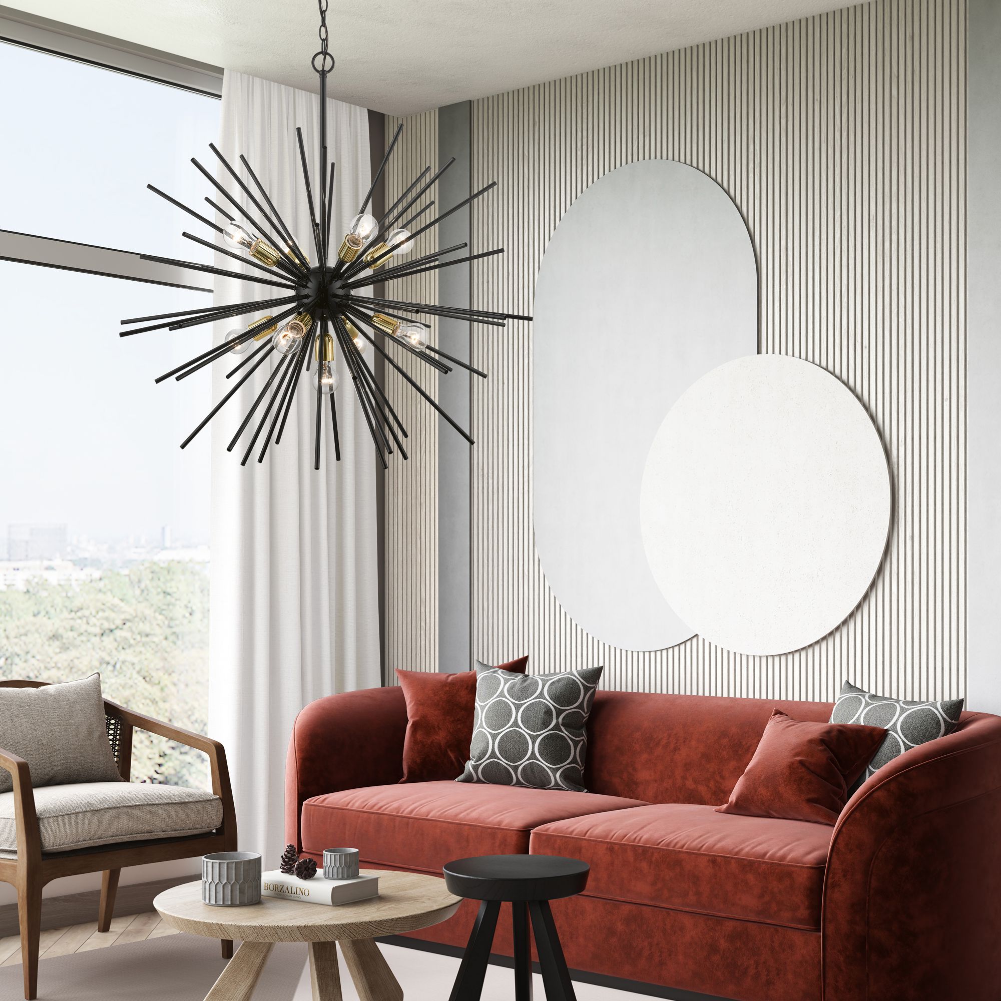 Tribeca 34" Wide Shiny Black and Brass 9-Light Foyer Pendant in scene