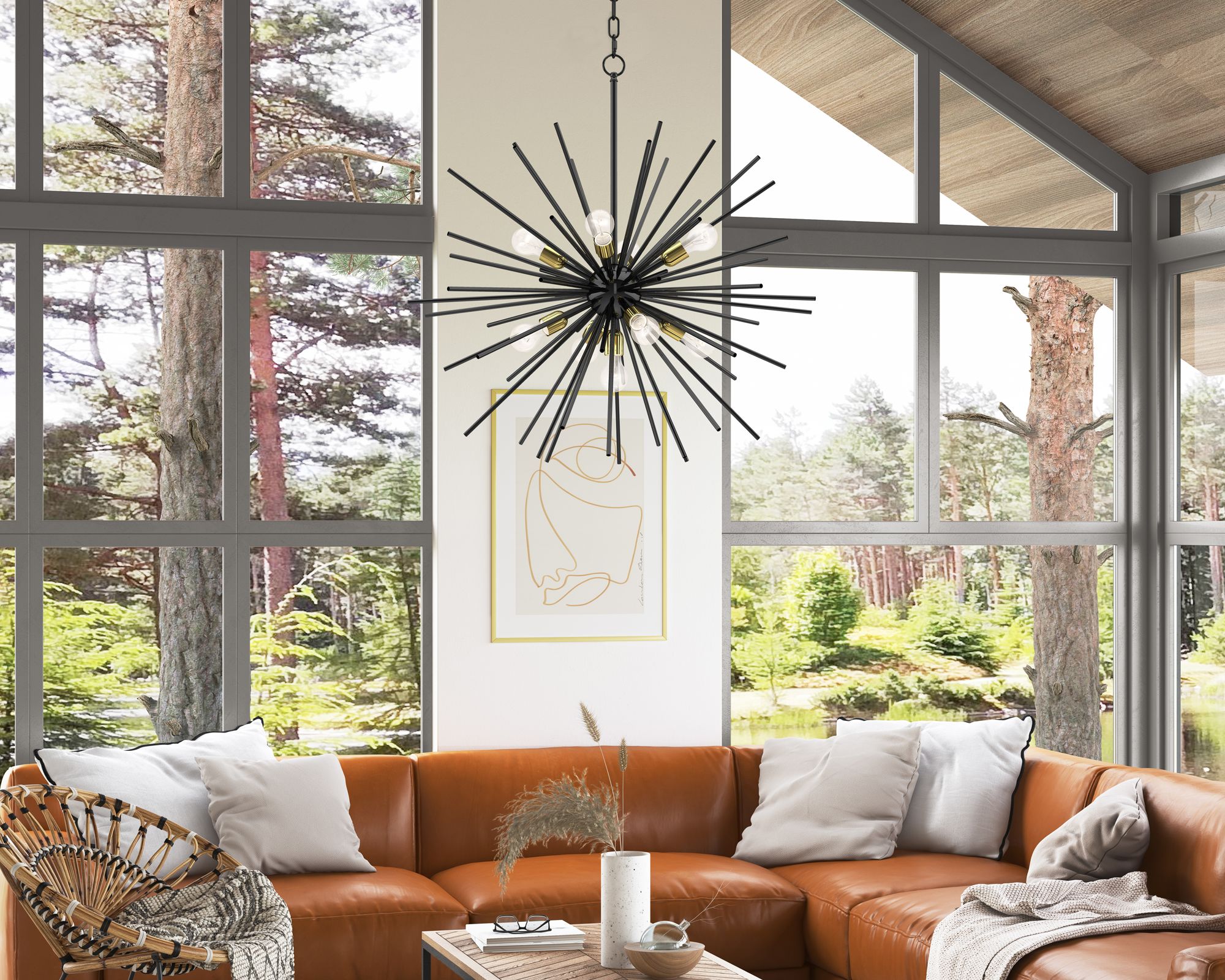 Tribeca 34" Wide Shiny Black and Brass 9-Light Foyer Pendant in scene