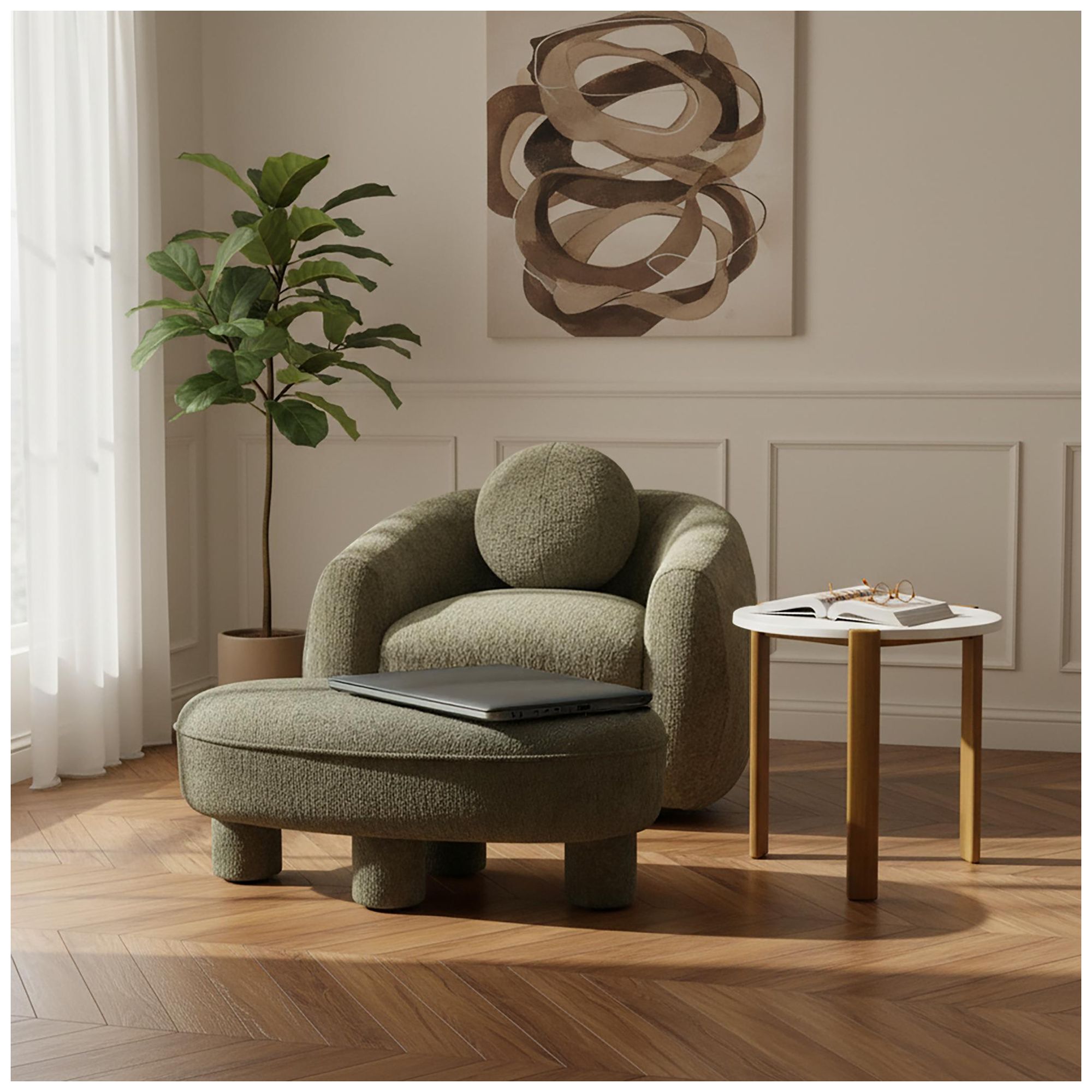 Image 3 Tribeca Mid-Century Modern Chenille  Accent Ottoman in Olive Green more views