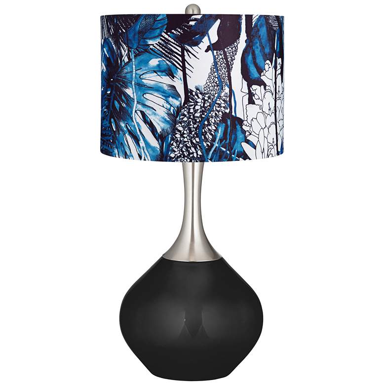 Image 1 Tricorn Black Blue Leaves Shade Spencer Table Lamp