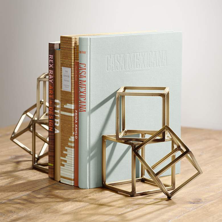 Image 1 Tricube Antique Brass Finish 7 1/2 inch High Geometric Bookends