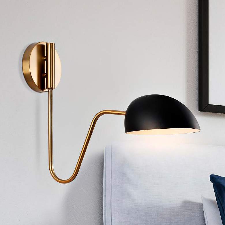 Image 1 Trilby Matte Black with Burnished Brass Swing Arm Wall Lamp