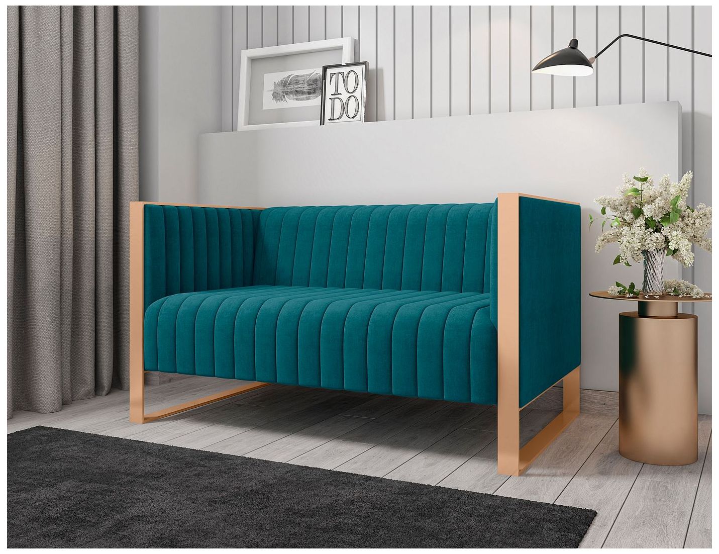 Image 2 Trillium 57.48 in. Aqua Blue and Gold Velvet 2-Seater Loveseat more views
