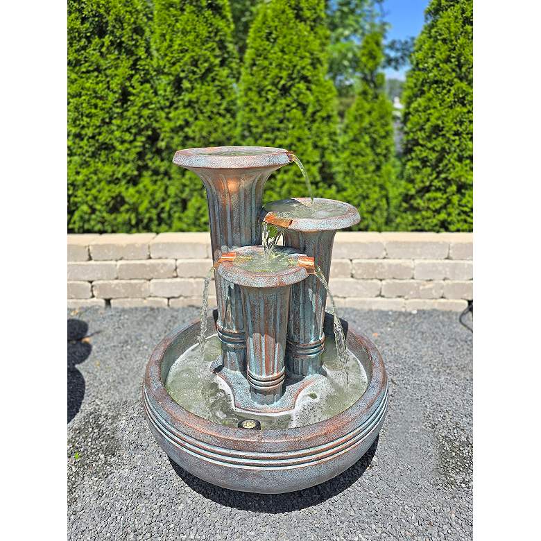 Image 1 Triple Fluted 36" High Bronze Patina Outdoor LED Fountain