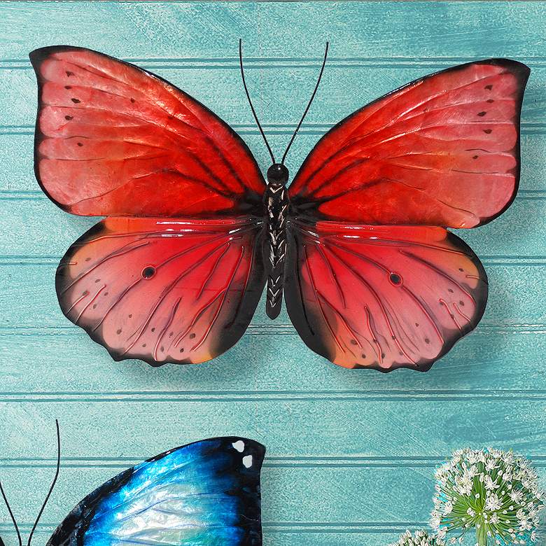 Image 1 Tropical Butterfly 11"W Red and Black Capiz Shell Wall Decor
