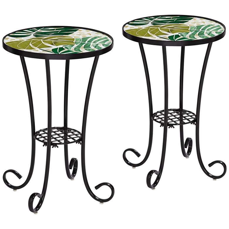 Image 1 Tropical Leaves Mosaic Black Outdoor Accent Tables Set of 2