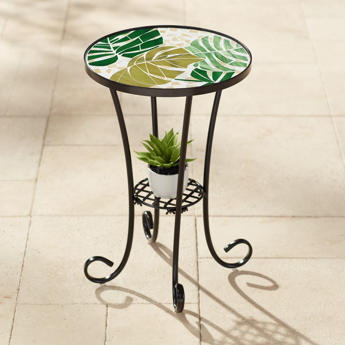 Tropical Leaves Mosaic Black Outdoor Accent Tables Set of 2