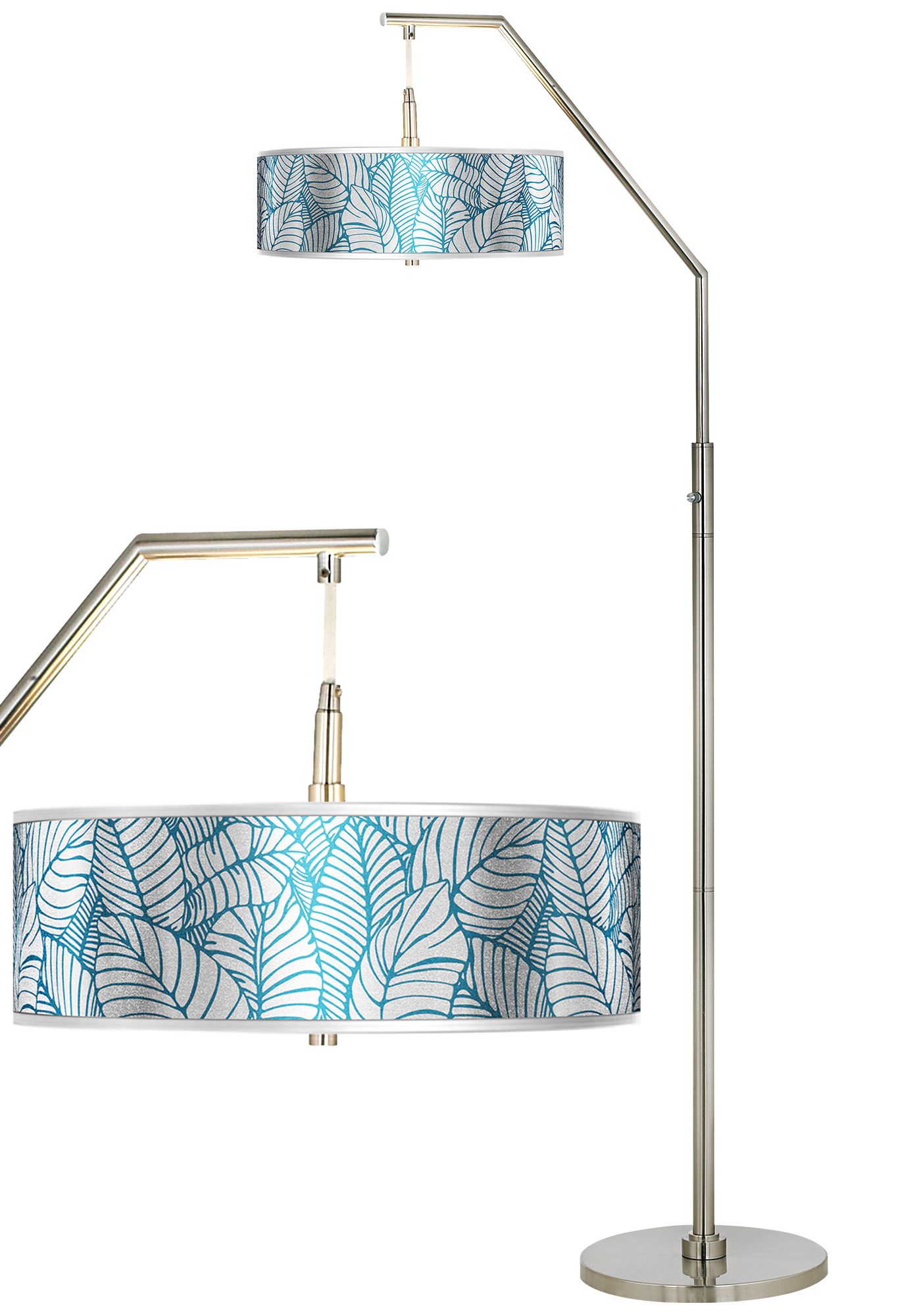 Tropical Leaves Silver Metallic Giclee Shade Arc Floor Lamp