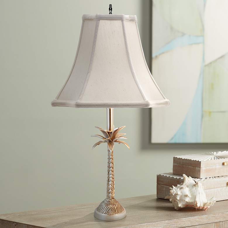 Image 1 Tropical Palm Tree 25" Off-White Shade Pewter Table Lamp