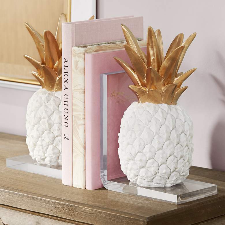 Image 1 Tropical Pineapple 10 inch High White and Gold Bookends